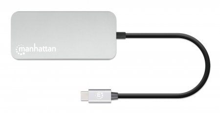 Manhattan USB-C Dock/Hub with Card Reader, Ports (x6): Ethernet, HDMI, USB-A (x3) and USB-C, With Power Delivery (10W) to USB-C Port (Note additional USB-C wall charger and USB-C cable needed), Universal for all devices, Cable 15cm, Aluminium, Silver