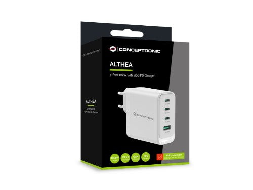 Conceptronic ALTHEA22W100 4-Port 100W GaN USB PD Charger, USB-C x 3, USB-A x 1, QC 3.0, PPS, PD 3.0