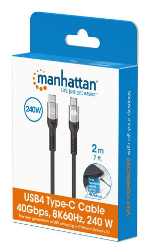 Manhattan Fast USB-C to USB-C Cable (240W), 2m, 240W Laptop Charging + High-Speed Data & Video, Works with ALL Laptops (Note additional USB-C 240W wall charger needed), 40 Gbps Ultra-Fast Transfers, Extra-Long Reach for Desk or Floor Sockets, 3 year Warra