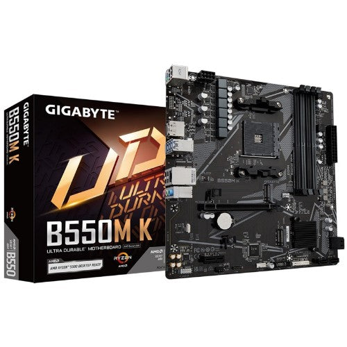 GIGABYTE B550M K Motherboard - AMD Ryzen 5000 CPUs, up to 4733MHz DDR4, 1xPCIe 4.0 + 1xPCIe 3.0 M.2, 1GbE LAN, USB 3.2 Gen 1
