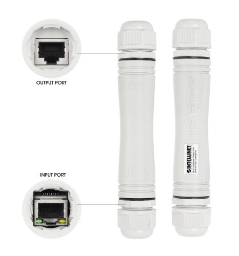 Intellinet Ultra Long Range Outdoor Fast Ethernet PoE+ Extender Kit Extends PoE up to 1000 m (3280 ft.), One PD Port up to 95 W, IEEE 802.3bt (4PPoE) Compatible, IP67 Waterproof and Dustproof, Set of Two Modules, Plastic, Gray