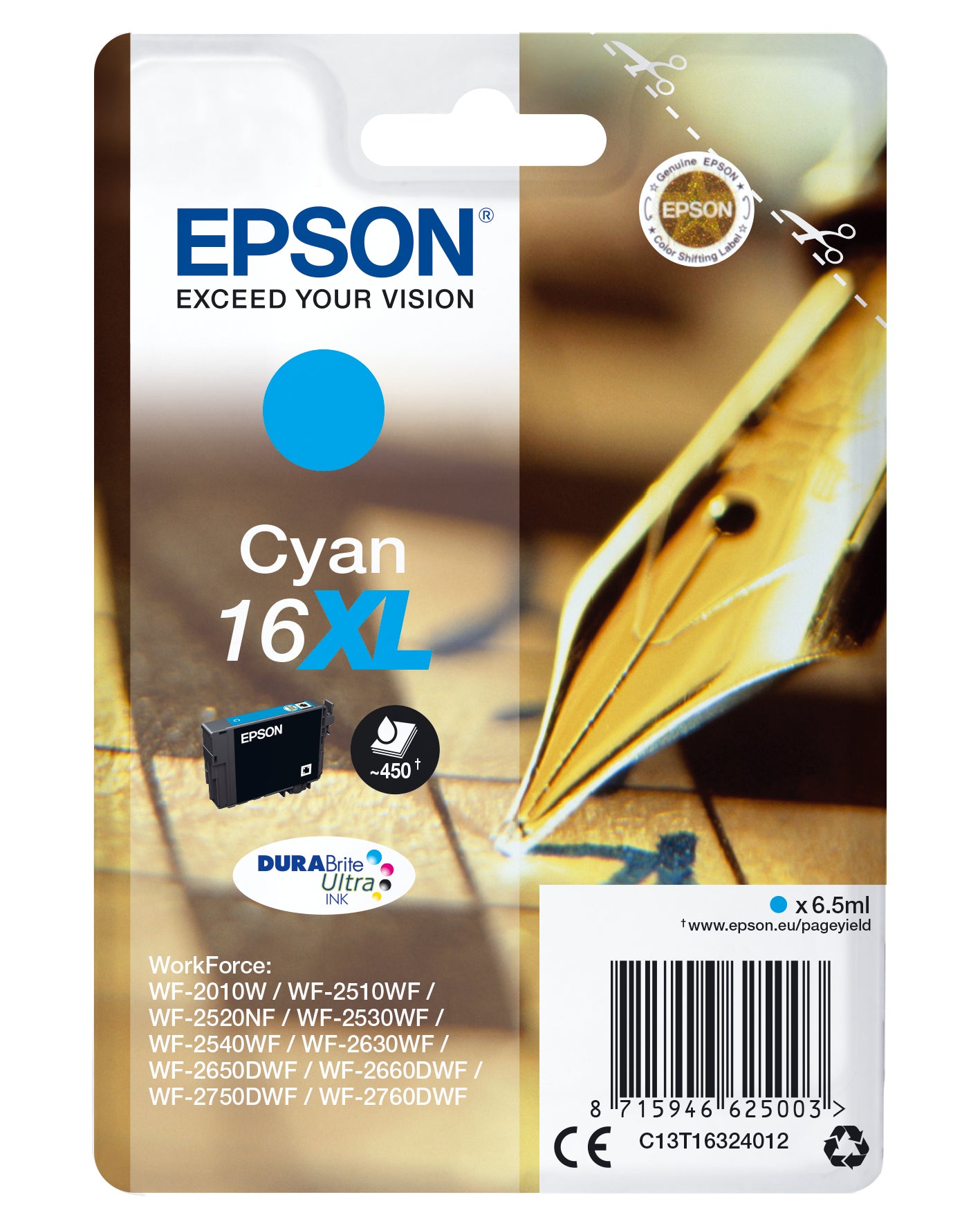 Epson C13T16324022/16XL Ink cartridge cyan high-capacity XL Blister Radio Frequency, 450 pages 6,5ml for Epson WF 2010