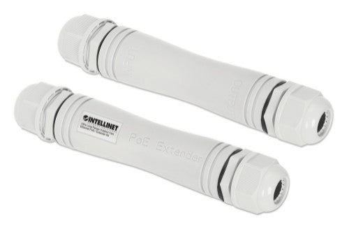 Intellinet Ultra Long Range Outdoor Fast Ethernet PoE+ Extender Kit Extends PoE up to 1000 m (3280 ft.), One PD Port up to 95 W, IEEE 802.3bt (4PPoE) Compatible, IP67 Waterproof and Dustproof, Set of Two Modules, Plastic, Gray