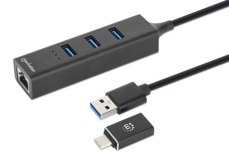 Manhattan USB-C & USB-A Combo Dock/Hub, Ports (4): Ethernet and USB-A (x3), 5 Gbps (USB 3.2 Gen1 aka USB 3.0), External Power Supply Not Needed, Universal for all devices, USB-A Male with Attachable USB-C Male Adapter, SuperSpeed USB, Black, Three Year Wa