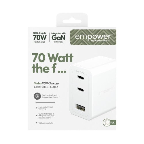 PanzerGlass empower™ by ® Turbo 70W Charger incl. 2 x USB-C + USB-A | UK Plug | Silver White