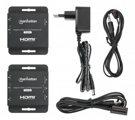 Manhattan 4K HDMI over Ethernet Extender Kit, Extends 4K@30Hz signal up to 40m or a 1080p@60Hz signal up to 70m with a single Cat6 Ethernet Cable, Transmitter and Receiver, Power over Cable (PoC), Black, Three Year Warranty