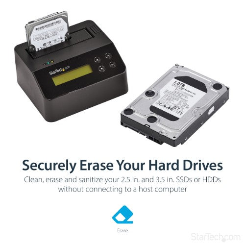 StarTech.com Single Bay Hard Drive Eraser, Standalone HDD/SSD Sanitizer, USB 3.0 to SATA II (3 Gbps), 9 Erase Modes, LCD Display, Secure Erase Hard Disk Sanitizer Dock, DB-9 Printer Port, TAA Compliant