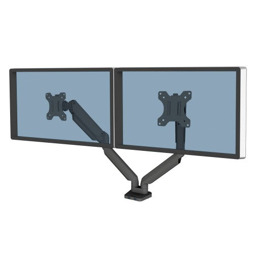 Fellowes Platinum Series Dual Monitor Arm - Monitor Mount for Two 8KG 40 Inch Screens - Adjustable Dual Monitor Desk Mount - Tilt 45° Pan 180° Swivel 360° Rotation 360°, VESA 75 x 75/100 x 100 - Black