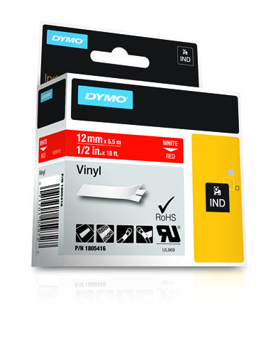 Dymo 1805416 Ribbon Vinyl white on red 12mmx5,5m for Dymo Rhino 6-12mm/19mm/24mm