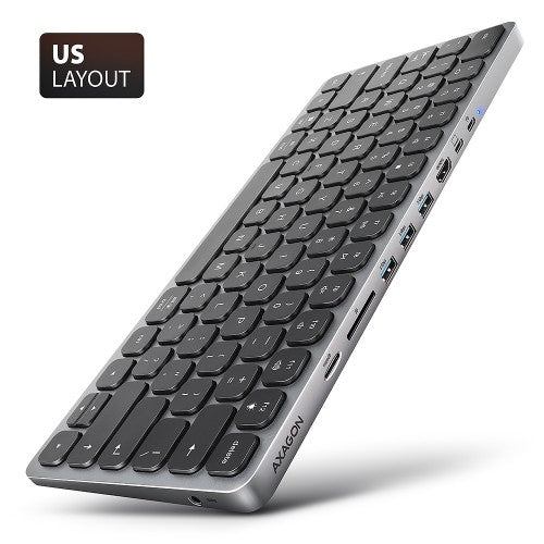 Axagon HMC-KB-US, USB 5Gbps hub w. keyboard, HDMI 4K/60Hz, 3x USB-A, SD/mSD, audio, PD 100, US layout