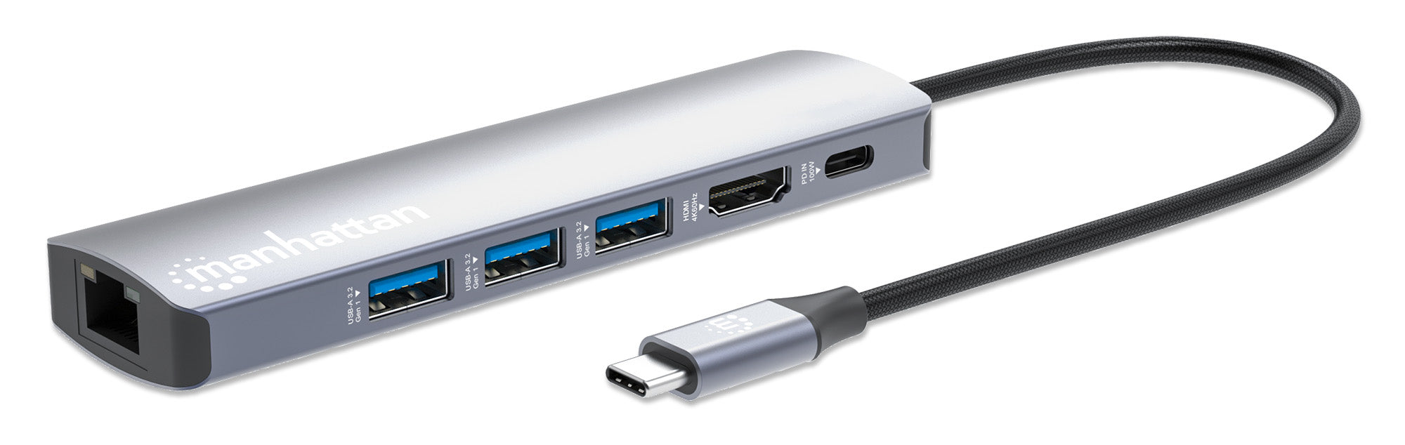 Manhattan USB-C Dock/Hub, Ports (x6): Ethernet, HDMI, USB-A (x3) and USB-C, With Power Delivery (100W) to USB-C Port (Note additional USB-C wall charger and USB-C cable needed), USB 3.2 Gen 1, All Ports can be used at the same time, Aluminium, Silver