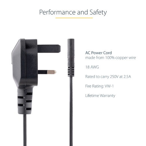 StarTech.com 3ft (1m) UK Laptop Power Cable, BS 1363 to C7, 2.5A 250V, 18AWG, Black, UK Laptop Replacement Cord, Printer Power Cable, AC Laptop Charger Cord, Laptop Power Brick Cord