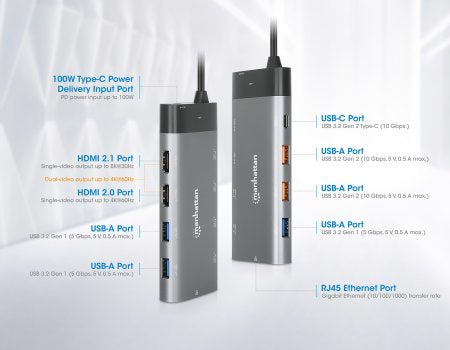 Manhattan USB-C Dock/Hub, Ports (x10): Ethernet, HDMI (x2 8k), USB-A (x5) and USB-C (x2), With Power Delivery (100W) to USB-C Port (Note additional USB-C wall charger and USB-C cable needed), USB 3.2 Gen 2, All Ports can be used at the same time, Universa