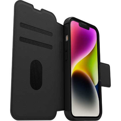 OtterBox Strada Case for iPhone 14, Shockproof, Drop proof, Premium Leather Protective Folio with Two Card Holders, 3x Tested to Military Standard, Black