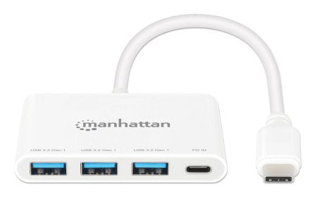 Manhattan USB-C Dock/Hub, Ports (4): USB-A (x3) and USB-C, 5 Gbps (USB 3.2 Gen1 aka USB 3.0), With Power Delivery (100W) to USB-C Port (Note additional USB-C wall charger and USB-C cable needed), Universal for all devices, SuperSpeed USB, White, PD