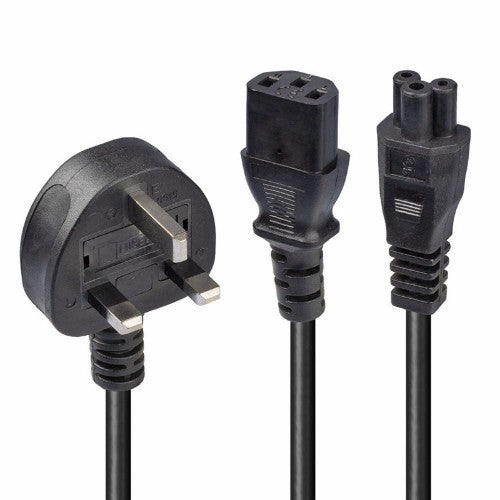 Lindy 2.5m UK 3 Pin Plug to IEC C13 and IEC C5 Splitter Extension Cable, Black