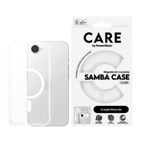 PanzerGlass CARE™ by ® Samba Case Transparent w. White Qi Compatible iPhone New 16e 2026 | 16e