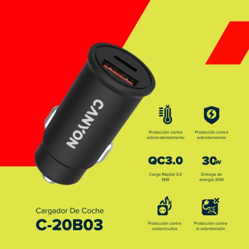 Canyon С-20B03 Digital camera, GPS, MP3, MP4, Mobile phone, PDA, Portable gaming console, Smartphone, Tablet Black Cigar lighter Fast charging Auto