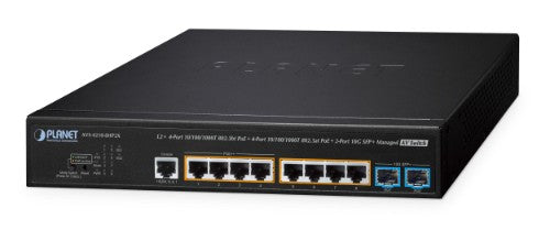 PLANET L2+ 4-Port 10/100/1000T 802.3bt PoE + 4-Port 10/100/1000T 802.3at PoE + 2-Port 10G SFP+ Managed AV Switch L2+ Power over Ethernet (PoE)