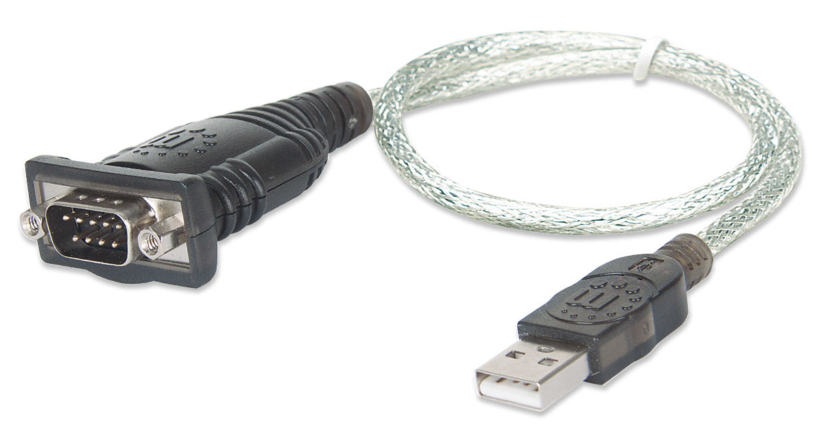 Manhattan USB-A to Serial Converter cable, 45cm, Male to Male, Serial/RS232/COM/DB9, Prolific PL-2303RA Chip, Equivalent to ICUSB232V2, Black/Silver cable, Three Year Warranty, Blister