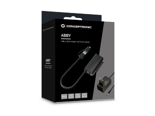 Conceptronic ABBY21B USB 3.0 SATA Adapter with Power Adapter, 2.5"/3.5" SATA HDD/SSD, 2-in-1 USB C/A Cable