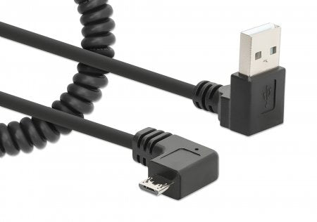 Manhattan USB-A to Micro-USB Cable, 1m, Male to Male, Black, 480 Mbps (USB 2.0), Tangle Resistant Curly Design, Angled Connectors, Ideal for Charging Cabinets/Carts, Hi-Speed USB, Lifetime Warranty