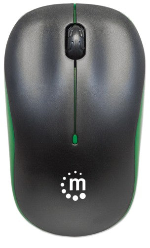 Manhattan Success Wireless Mouse, Black/Green, 1000dpi, 2.4Ghz (up to 10m), USB, Optical, Three Button with Scroll Wheel, USB micro receiver, AA battery (included), Low friction base, Three Year Warranty