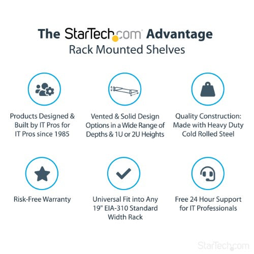 StarTech.com 1U Server Rack Shelf, Universal Rack Mount Cantilever Tray for 19" Network Equipment Rack/Cabinet, Heavy Duty Steel, Weight Capacity 33lb/15kg, 7in (18cm) Deep