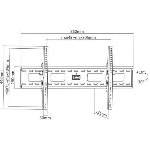 Manhattan Wall Mount for TV & Monitors (Tiltable), For screens 37" to 75", VESA compatability: all between 200x200mm and 800x400mm - check the dimensions of the four mounting holes on back of screen to ensure it fits, Max 75kg, Black, Bracket