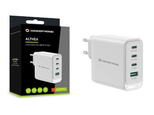 Conceptronic ALTHEA22W100 4-Port 100W GaN USB PD Charger, USB-C x 3, USB-A x 1, QC 3.0, PPS, PD 3.0