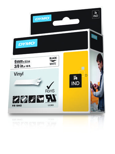 Dymo 18443/S0718580 Ribbon Vinyl black on white 9mm x 5,5m for Dymo Rhino 6-12mm/19mm/24mm