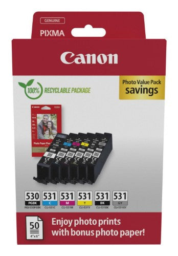 Canon 6117C004/PGI-530/CLI531 Ink cartridge multi pack 1xPGI + 5x CLI Bk,C,M,Y,GY + Photopaper PP-201 18,5ml + 5x 8,2ml Pack=6 for Canon Pixma TS 8750