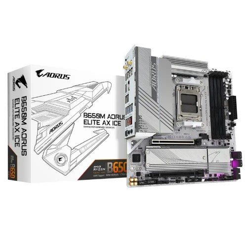 GIGABYTE B650M AORUS ELITE AX ICE Motherboard - AMD Ryzen 9000 Series CPUs, 12+2+2 Phases VRM, up to 8000MHz DDR5 (OC), 1xPCIe 5.0 + 1xPCIe 4.0 M.2, 2.5GbE LAN, WIFI 6E, USB 3.2 Gen 2x2