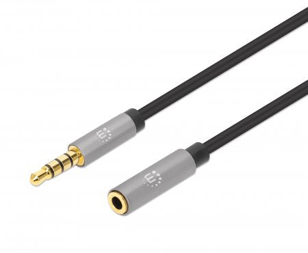 Manhattan Stereo Audio 3.5mm Extension Cable, 3m, Male/Female, Slim Design, Black/Silver, Premium with 24 karat gold plated contacts and pure oxygen-free copper (OFC) wire, Lifetime Warranty