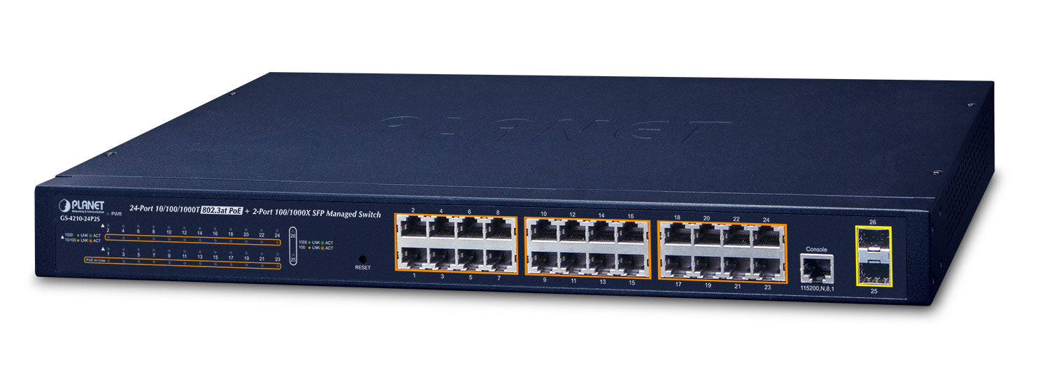 PLANET GS-4210-24P2S network switch Managed L2/L4 Gigabit Ethernet (10/100/1000) Power over Ethernet (PoE) 1U Blue