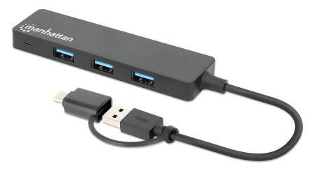 Manhattan USB-C & USB-A Combo Dock/Hub, Ports (4): USB-A (x4), 5 Gbps (USB 3.2 Gen1 aka USB 3.0), USB powered (no external power supply required)
