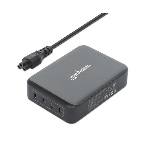 Manhattan Mains USB-C Laptop Charging Station 4-port, Universal charging for ALL laptops (incl power hungry gaming machines & equivalent) with ports to simultaneously charge phones/watches/earpods/etc, GaN, Each PD port up to 140W (Max 240W), UK Power cor