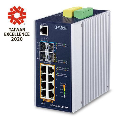 PLANET IP30 DIN-rail Industrial L3 8P Managed Gigabit Ethernet (10/100/1000) Aluminium, Blue