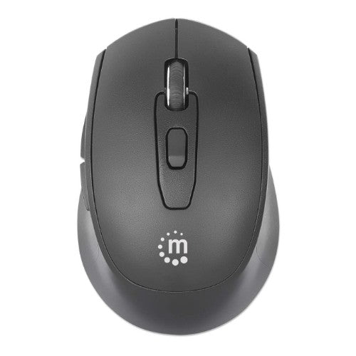 Manhattan MW6020 Wireless Mouse, Black, Adjustable 800/1200/1600dpi via top-mount push-button control, 2.4Ghz (effective range up to 10m), USB, Optical, Ambidextrous, Six Button with Scroll Wheel, USB-A nano receiver, AA battery (included)