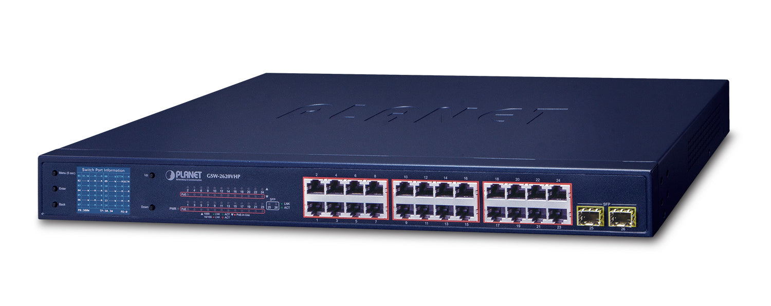 PLANET GSW-2620VHP network switch Unmanaged Gigabit Ethernet (10/100/1000) Power over Ethernet (PoE) 1U Blue