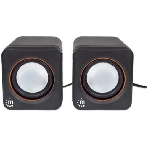Manhattan 2600 Series Speaker System, Small Size, Big Sound, Two Speakers, Stereo, USB power, Output: 2x 3W, 3.5mm plug for sound, In-Line volume control, Cable 0.9m, Black, Three Year Warranty
