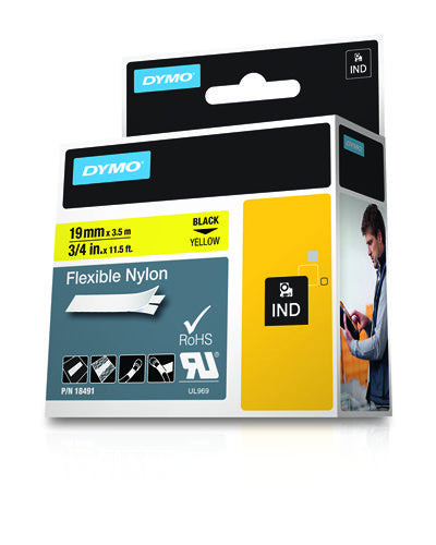 Dymo 18491/S0718090 Ribbon Nylon flexible black on yellow 19mm x 3,5m for Dymo Rhino 6-19mm/24mm