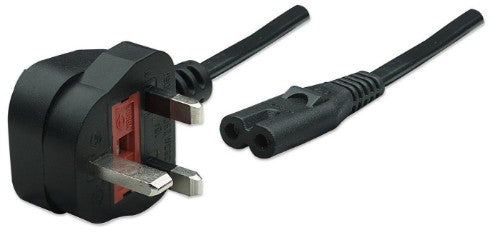 Manhattan Power Cord/Cable, UK 3-pin plug to C7 Female (figure of eight), 1.8m, 13A, Black, Lead, Lifetime Warranty