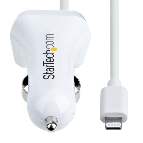 StarTech.com Lightning Car Charger with Coiled Cable, 1m Coiled Lightning Cable, 12W, White, 2 Port USB Car Charger Adapter for Phones and Tablets, Dual USB In Car iPhone Charger