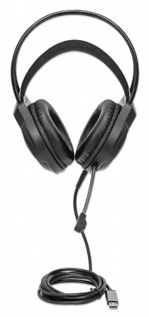 Manhattan RGB LED Over-Ear USB Gaming Headset, Wired, USB-A Plug, Stereo Sound, Adjustable Microphone, Integrated Volume Control, Color-LED Lighting, 2m Cable, Black