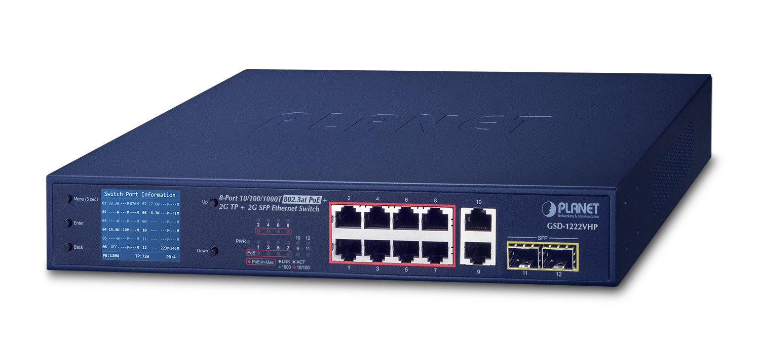 PLANET GSD-1222VHP network switch Unmanaged Gigabit Ethernet (10/100/1000) Power over Ethernet (PoE) 1U Blue