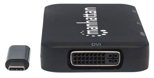 Manhattan USB-C Dock/Hub, Ports (x4): DisplayPort, DVI-I, HDMI or VGA, Note: Only One Port can be used at a time, External Power Supply Not Needed, Universal for all devices, Cable 8cm, Black, Three Year Warranty