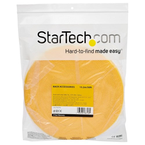 StarTech.com 25ft Hook and Loop Roll - Cut-to-Size Reusable Cable Ties - Bulk Industrial Wire Fastener Tape /Adjustable Fabric Wraps Yellow / Resuable Self Gripping Cable Management Straps