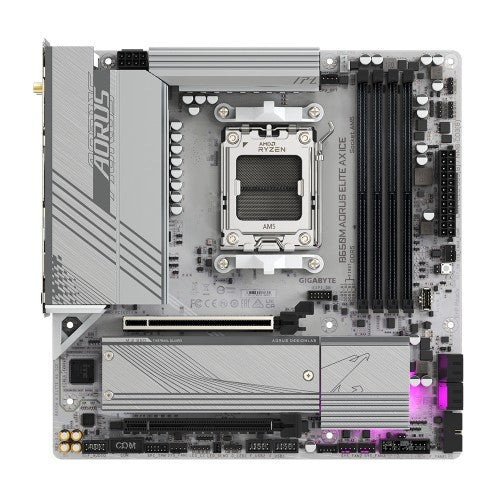 GIGABYTE B650M AORUS ELITE AX ICE Motherboard - AMD Ryzen 9000 Series CPUs, 12+2+2 Phases VRM, up to 8000MHz DDR5 (OC), 1xPCIe 5.0 + 1xPCIe 4.0 M.2, 2.5GbE LAN, WIFI 6E, USB 3.2 Gen 2x2