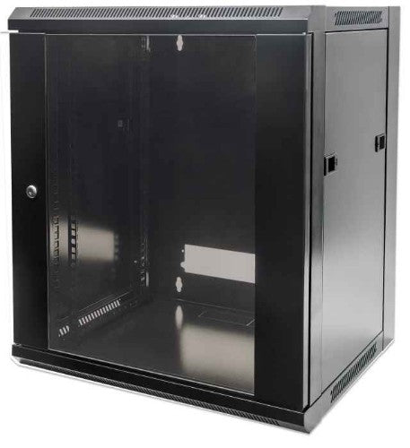 Intellinet 19" Network Cabinet - Wall Mount (Standard), 6U, 450mm Deep, Black, Flatpack, Max 60kg, Suitable also for use on desk or floor, Usable Depth 270mm to 350mm, Metal & Glass Door, Back Panel, Removeable Sides,Parts for wall installation not includ